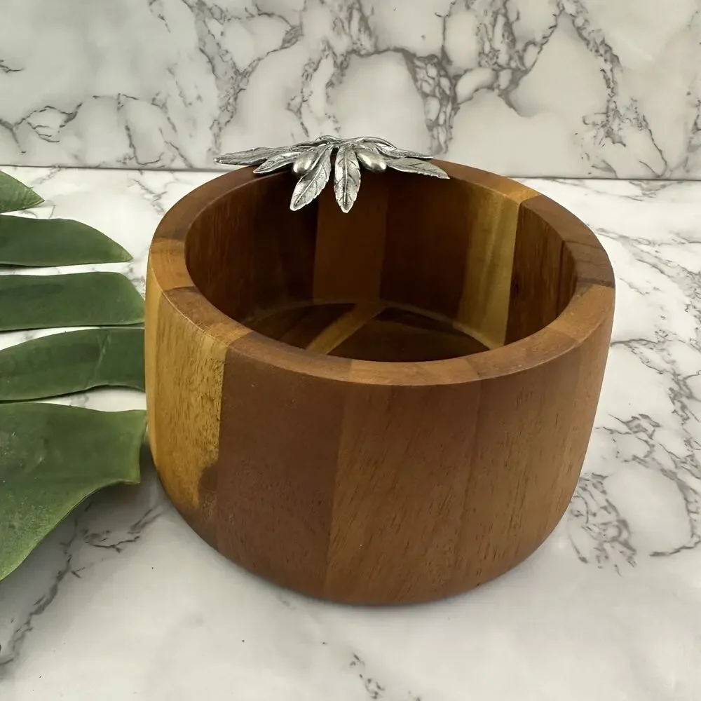 Vagabond House Wood Olive Bowl Brown Pewter Silver Trim Small Serving